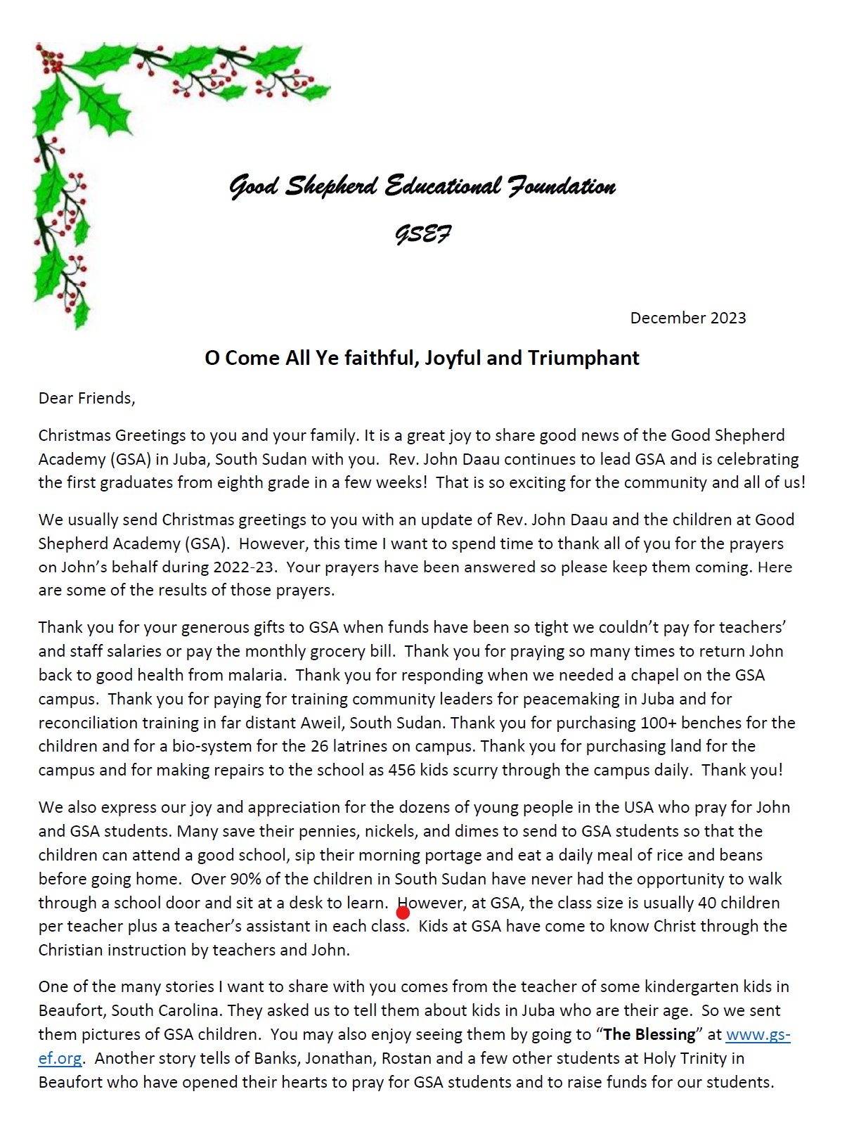 GSEF Christmas Letter 2023